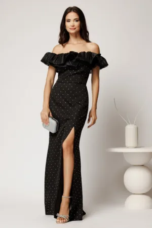 Rochie Hannah lunga neagra din stofa cu strasuri si guler din organza