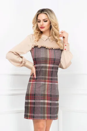 Rochie InPuff de zi cofee cu carouri si maneci lungi din voal