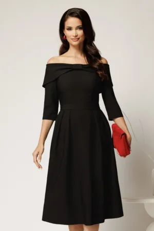 Rochie Irene midi neagra in clos cu umerii goi si funda la bust