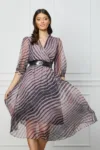 Rochie Isabela gri cu dungi roz si curea in talie
