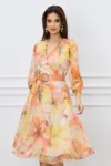 Rochie Ivone orange cu imprimeuri si curea in talie