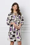 Rochie Ivonne ivory cu imprimeuri negre si mov