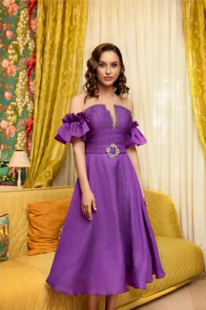 Rochie Izabela mov cu strasuri la bust si curea in talie