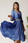 Rochie Julia midi albastra din satin in clos cu aspect sidefat si cordon cu strasuri