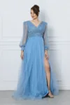 Rochie Julie lunga bleu din tull cu strasuri la bust