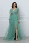 Rochie Julie lunga verde menta din tull cu strasuri la bust