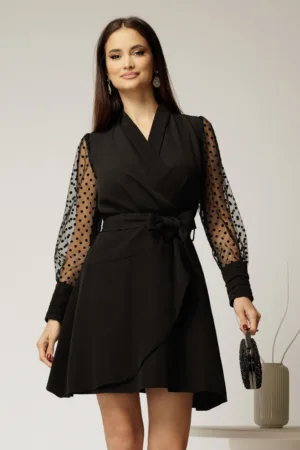 Rochie Kim neagra petrecuta cu maneci cu buline catifelate