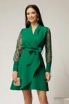 Rochie Kim verde petrecuta cu maneci cu buline catifelate