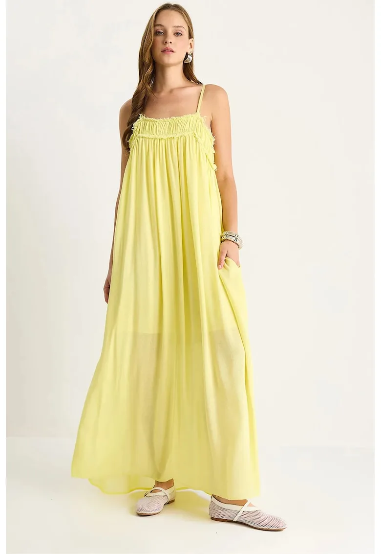 Rochie LUCCI - guler patrat - brodat - galben - textil