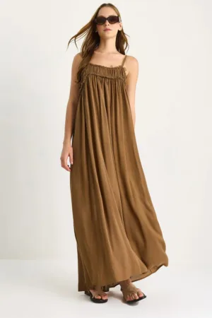 Rochie  LUCCI - guler patrat - brodat - maro - textil