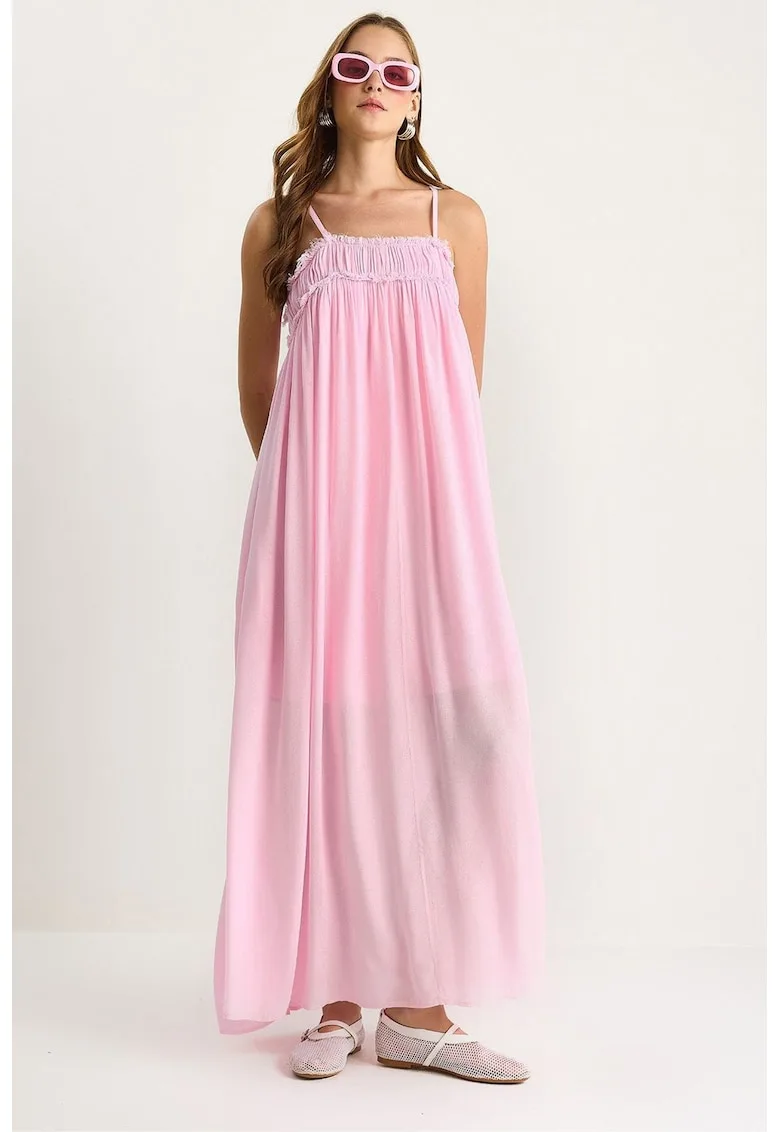 Rochie LUCCI - guler patrat - brodat - roz - textil