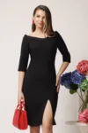 Rochie La Donna de ocazie din stofa neagra conica cu decolteu barcuta