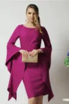 Rochie LaDonna de ocazie din stofa magenta cu maneci maxi evazate