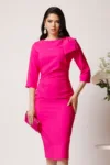 Rochie LaDonna eleganta din stofa fucsia cu funda maxi pe umar si fronseu in talie