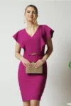 Rochie LaDonna eleganta din stofa magenta cu accesoriu in talie si volane