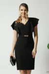 Rochie eleganta din stofa neagra cu accesoriu in talie si volane- LaDonna
