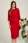 Rochie LaDonna eleganta din stofa rosie cu funda maxi pe umar si fronseu in talie