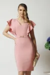 Rochie LaDonna eleganta din stofa roz cu accesoriu in talie si volane