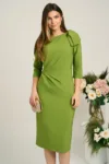 Rochie LaDonna eleganta din stofa verde cu funda maxi pe umar si fronseu in talie