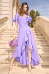 Rochie LaDonna lunga de ocazie din stofa lila cu volane si cordon in talie