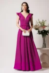 Rochie LaDonna lunga din stofa magenta cu funda in talie