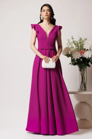 Rochie LaDonna lunga din stofa magenta cu funda in talie