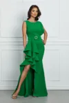 Rochie LaDonna lunga verde cu volan pe o parte si cordon in talie