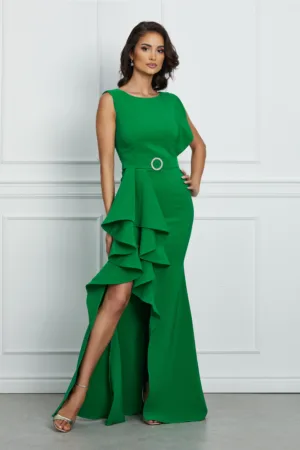 Rochie LaDonna lunga verde cu volan pe o parte si cordon in talie