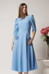 Rochie LaDonna office din stofa bleu cu flori maxi pe buzunare