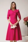 Rochie midi din stofa fucsia in clos cu funda la bust