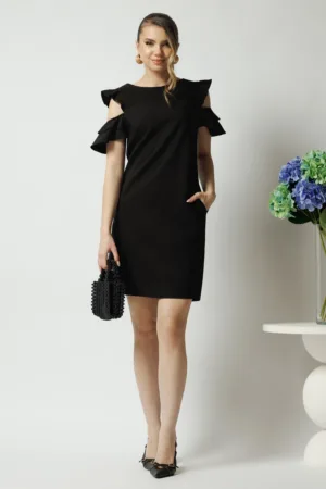 Rochie LaDonna office din stofa neagra cu volane la maneci