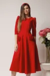 Rochie LaDonna office din stofa rosie cu flori maxi pe buzunare