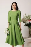 Rochie LaDonna office din stofa verde cu flori maxi pe buzunare