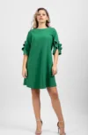 Rochie LaDonna verde cu funde si strasuri pe maneca