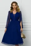 Rochie Leonard Collection bleumarin din matase cu decupaje la maneci
