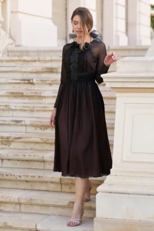 Rochie Leonard Collection din matase naturala neagra cu dublura bej si volanas pe bust