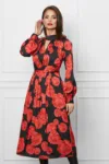 Rochie Leonard Collection neagra cu imprimeuri florale rosii