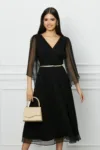 Rochie Leonard Collection neagra din matase cu banda aurie in talie