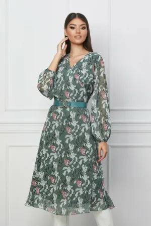Rochie Loredana verde mint cu imprimeu si curea in talie