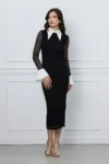Rochie Lucia neagra din dantela cu mansete si guler alb