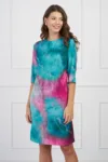 Rochie Ludmila turcoaz cu imprimeu fucsia