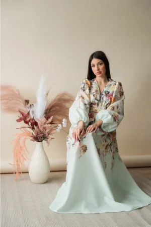 Rochie Lunga cu maneca lunga Flowers Mint 15544