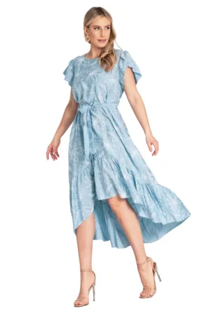 Rochie M1179 - imprimeu floral - volane - albastra - material de calitate - viscoza -