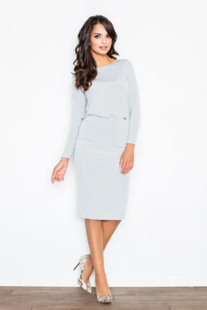 Rochie M326 - eleganta - fluida - gri - poliester - cu fanta la spate