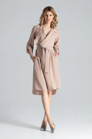 Rochie M464 - maneci lungi - bej - poliester - eleganta