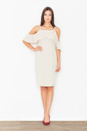 Rochie M478 - bej - cu umeri goi - poliester 65% - viscoza 35% -