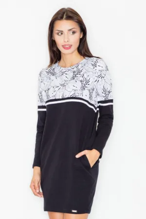 Rochie M510 - florala - maneca lunga - neagra - bumbac cu buzunare
