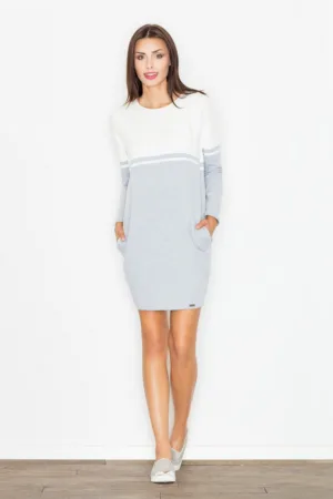 Rochie M510 - gri cu ecru - bumbac - cu buzunare - maneci lungi