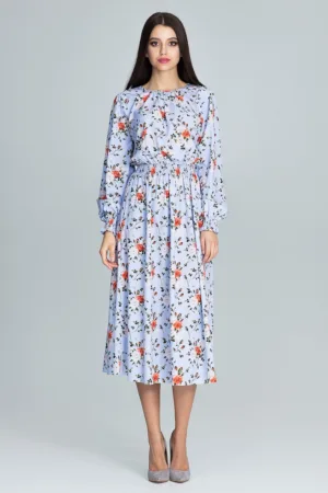 Rochie M600 - florala - albastru - midi - maneci lungi - poliester 95% - elastan 5%