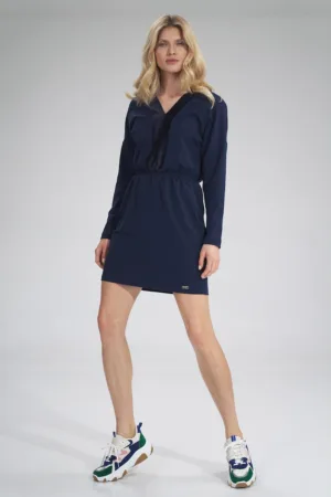 Rochie M753 - bleumarin - bumbac - maneca lunga -